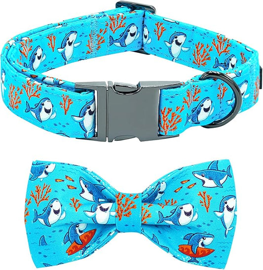 Dog Collar, Shark Print Bowtie Collars Boy Pet Collar Bow Tie Collar for Dogs Soft Durable Adjustable Dog Collars for X-Large Dogs