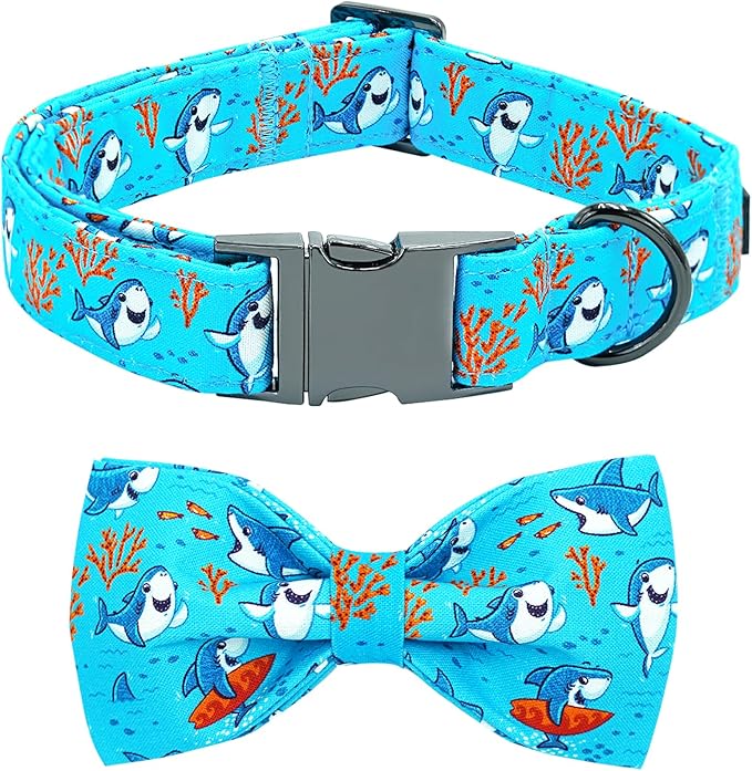 Dog Collar, Shark Print Bowtie Puppy Collar Boy Pet Collar Bow Tie Collar for Dogs Soft Durable Adjustable Dog Collars for Large Dogs