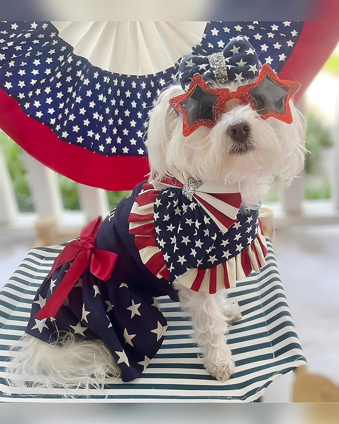 Fitwarm 100% Cotton 4th of July American Cutie Dog Clothes Patriotic Dresses Memorial Day Dog Outfits Doggie Dress Pet Cat Apparel Blue Medium