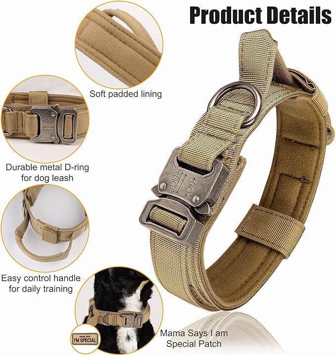KCUCOP Tactical Dog Collar with Handle,Adjustable Military Dog Collar with Metal Buckle and Patches,Heavy Duty Dog Collars for Large Dogs (Brown-XL)