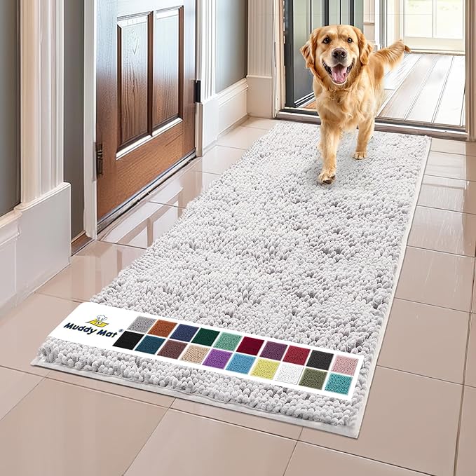 Muddy Mat® Shown on TV – Super Absorbent Microfiber Dog Door Mat for Muddy Paws, Non-Slip Washable Pet Rug, Quick Dry Chenille Entryway Carpet, Machine Washable Indoor Outdoor mat, White 59"x24"