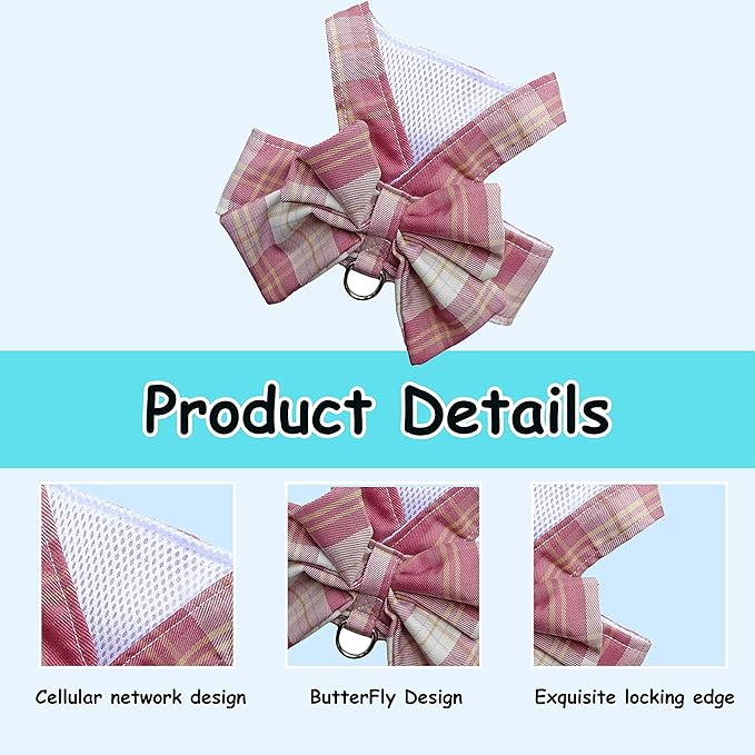 Plaid Dog Dress Bow Tie Harness Leash Set,Dog Clothes Harness Dress with Leash Ring for Small Dogs Girl, Puppy Princess Rabbit Clothes Chihuahua Yorkies Pet Outfits (Pink, XX-Large)