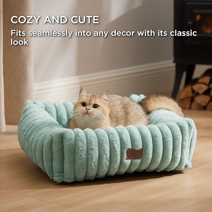 Bedsure Washable Dog Bed for Medium Dogs - Cute Furry Puppy Beds, Rectangle Orthopedic Corduroy Fleece Pet Beds with Removable Zipper Cover, 20x19x6inches, Green