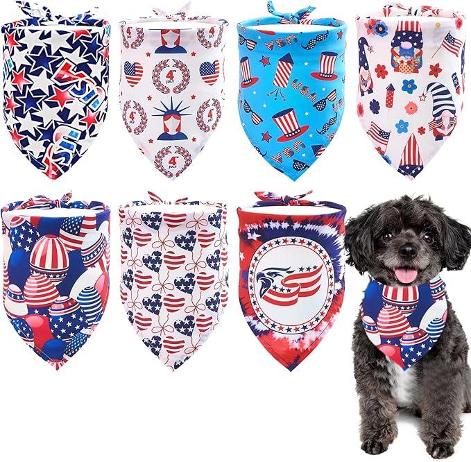 4th of July Dog Bandanas for Small Dogs Cats Patriotic Dog Bandanas 7 Pcs Independence Day Flag Day Adjustable Puppy Scarves Grooming S