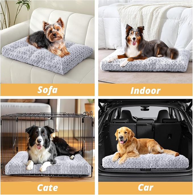 JOLLYVOGUE Washable Dog Bed for Crate, Deluxe Rose Plush Dog Crate Beds for Small Medium Large Size Dogs, Anti-Slip Soft Comfy Pet Kennel Pad, Fits Kennel Cage and Cat Bed Mat, 35" X 23", Gray