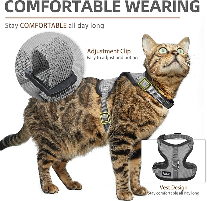 PUPTECK Cat Harness and Leash Set Escape Proof, Reflective Adjustable Soft Mesh Kitten Vest Harness for Walking Travel, Grey, S