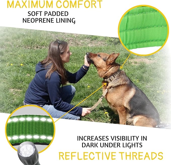 ADITYNA Heavy Duty Dog Collar for Medium Dogs - Reflective Green Collar with Handle for Training, and Walking - Wide, Thick, Tactical, Soft Neoprene Padded