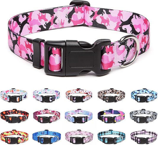 Adjustable Dog Collar with Patterns, Ultra Comfy Soft Nylon Breathable Pet Collar for Small Dogs (XS, Dog Camouflage Pink)