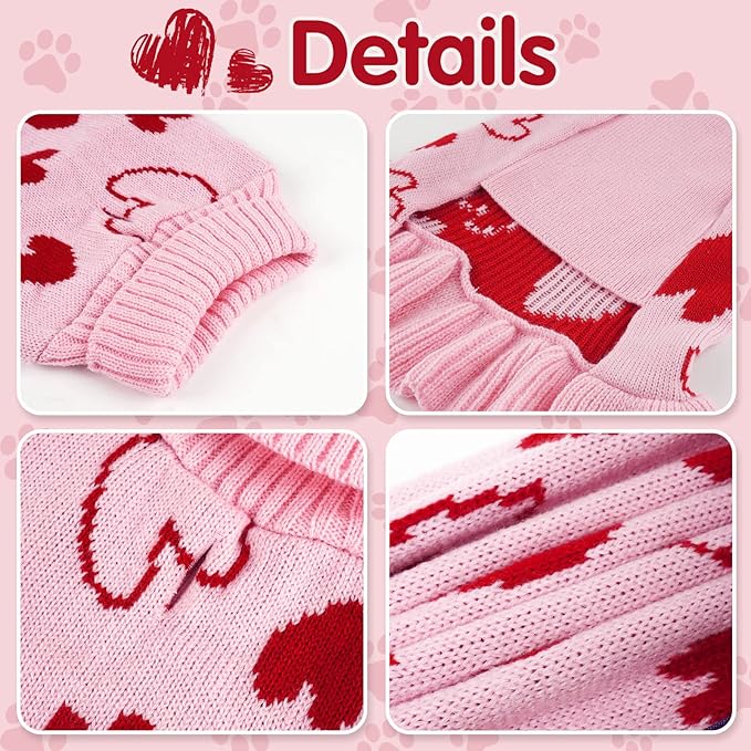 cyeollo Dog Sweater Dress Valentines Day Dog Clothes Knit Turtleneck with Leash Hole Heart Pattern Holiday Theme Female Pet Apparel for Small Dogs Cats