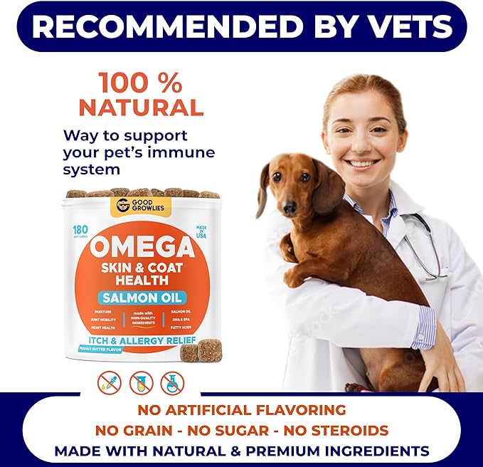 Omega 3 Fish Oil for Dogs (180Ct) - Skin&Coat Chews - Dry & Itchy Skin Relief + Allergy Support - Shiny Coat - EPA&DHA Fatty Acids - Salmon Oil Chews Promotes Heart, Hip & Joint Support