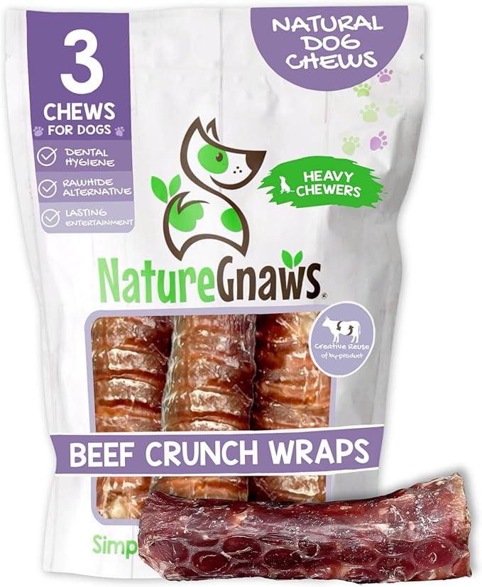 Nature Gnaws Beef Trachea Crunch Wraps for Dogs (3 Count) - Long Lasting Natural Beef Jerky Dog Chew Bones - Rawhide Free