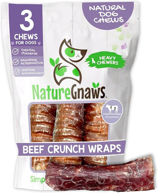 Nature Gnaws Beef Trachea Crunch Wraps for Dogs (3 Count) - Long Lasting Natural Beef Jerky Dog Chew Bones - Rawhide Free