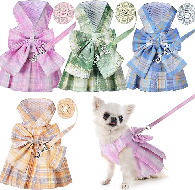 4 Pcs Cute Plaid Dog Dress Set with Bow Tie Harness & Leash for Small Dogs, Puppy Clothes for Girls Summer Outfits(S,Light Color)