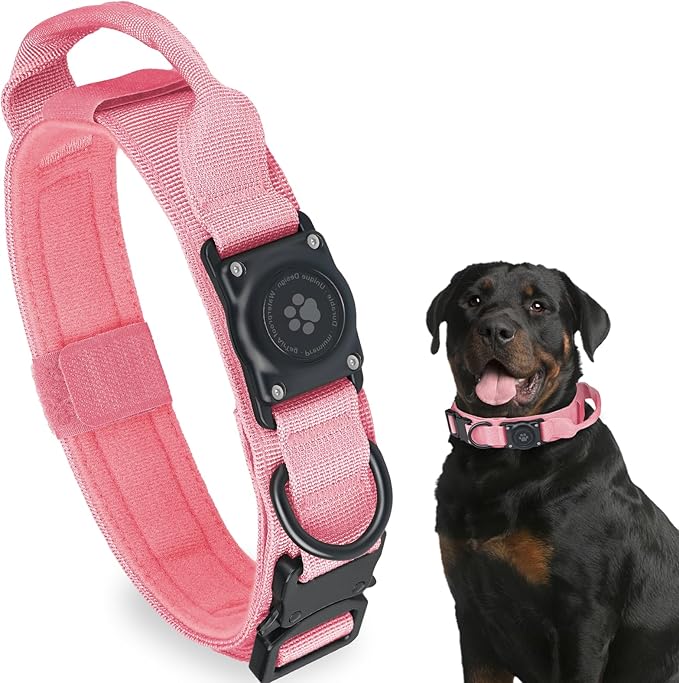 Tactical AirTag Dog Collar, 100% Waterproof Integrated Apple Air Tag Dog Collars with Hard PC AirTag Holder, Adjustable Military Collar with Handle, GPS Dog Collar for Medium Large Dogs