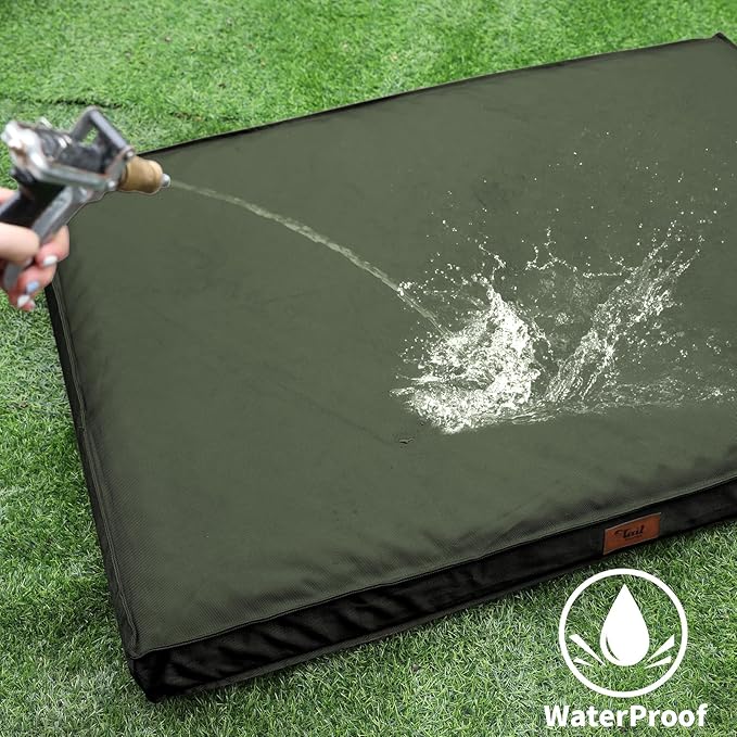 Outdoor All Weather Large Dog Bed, Waterproof Dog Bed for Large Dogs, Orthopedic Egg Foam Pet Bed with Washable and Removable Oxford Cooling Cover, Dark Green