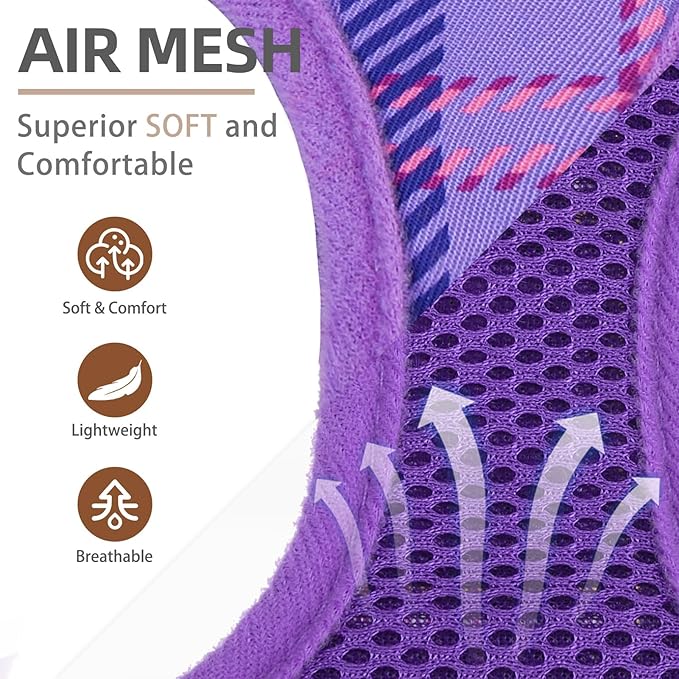 PUPTECK Dog Harness and Leash Set for Small Medium Dogs No Pull Step-in Soft Mesh Puppy Cat Vest Harnesses Reflective at Night, Plaid Pattern Purple S