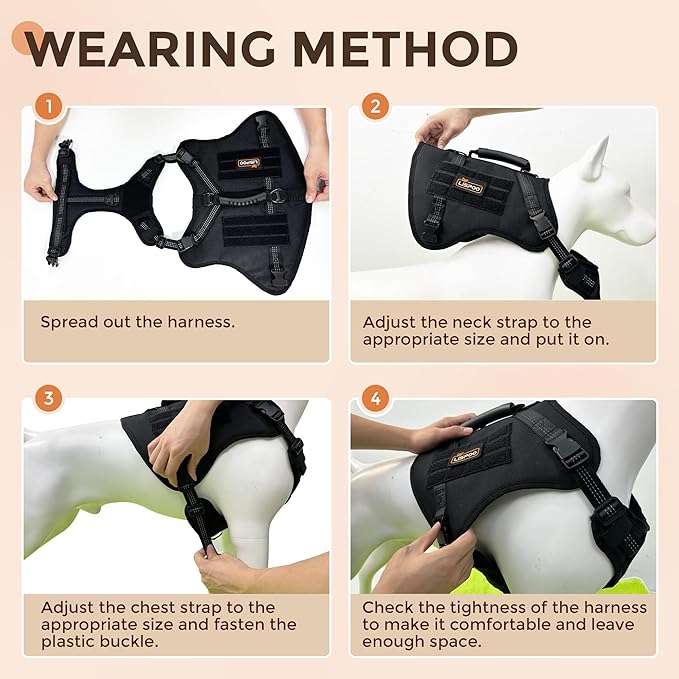 Tactical Dog Harness for Large Dogs, No Pull Adjustable Dog Harness with Water Bottle Bag and Pocket, Adjustable Reflective K9 Training Vests for Dogs for Training, Walking, Hiking M