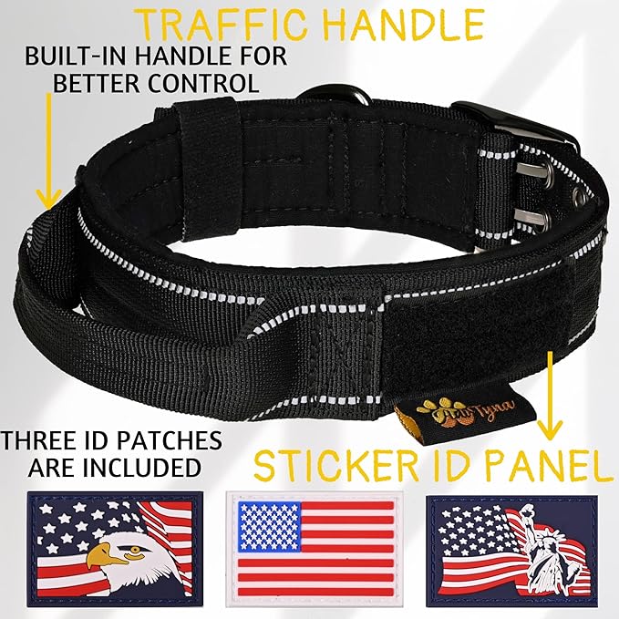 ADITYNA Heavy Duty Dog Collar with Handle - Thick Dog Collar for Large Dogs - Wide, Reflective, Tactical, Soft Neoprene Padded - Perfect Black Dog Collar for Training, and Walking