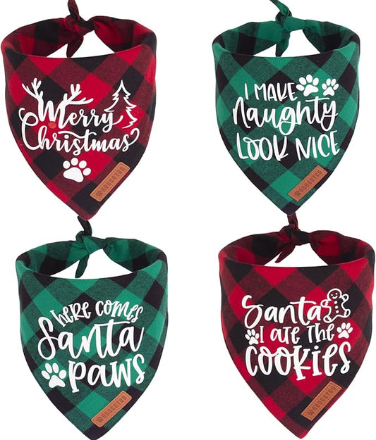 ADOGGYGO Christmas Dog Bandanas 4 Pack, Classic Plaid Triangle Pet Scarf Bibs Kerchief, Multiple Sizes Offered, Red Green Christmas Holiday Bandanas for Small Dogs Pets (Small)