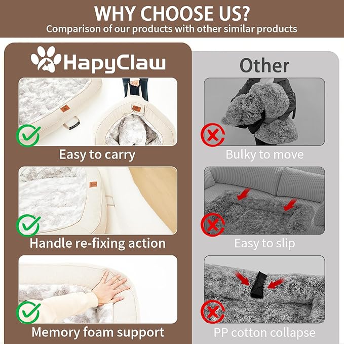 Calming Dog Couch Bed Mat, 35x31 Inch Waterproof Fluffy Sofa Cover, Furniture Protector with Handle, Removable and Washable Pet Bed for Small Medium Dogs and Cats (Beige)