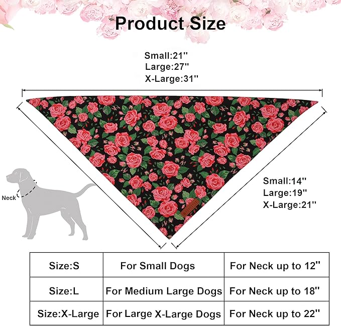 ADOGGYGO Floral Dog Bandana 2 Pack, Reversible Red Pink Rose Pet Scarf Bib, Adjustable Fit Cute Floral Bandanas for Medium Large Dogs Pets (Large)