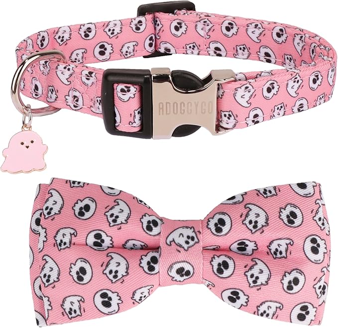ADOGGYGO Halloween Dog Collar with Bowtie, Pink Ghost Pet Collars with Detachable Bow, Adjustable Pink Halloween Collars for Small Medium Large Dogs (Small)