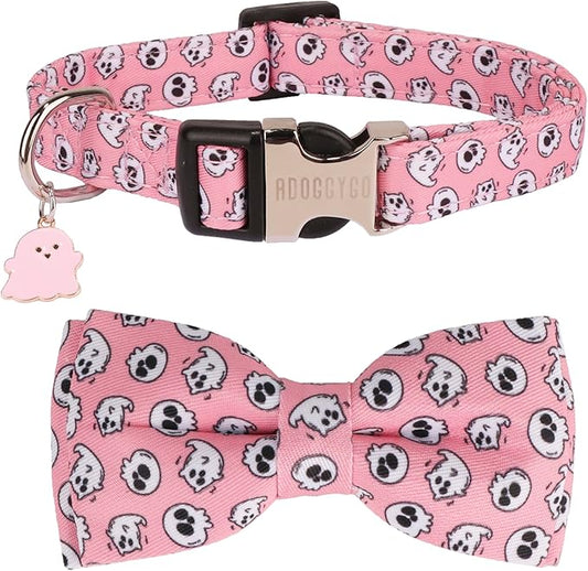 ADOGGYGO Halloween Dog Collar with Bowtie, Pink Ghost Pet Collars with Detachable Bow, Adjustable Pink Halloween Collars for Small Medium Large Dogs (Small)