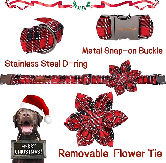 Unique style paws Christmas Dog Collar with Flower Tie Red Black Grid Cotton Collar Adjustable Puppy Plaid Collar for Small Medium Large Dogs-S