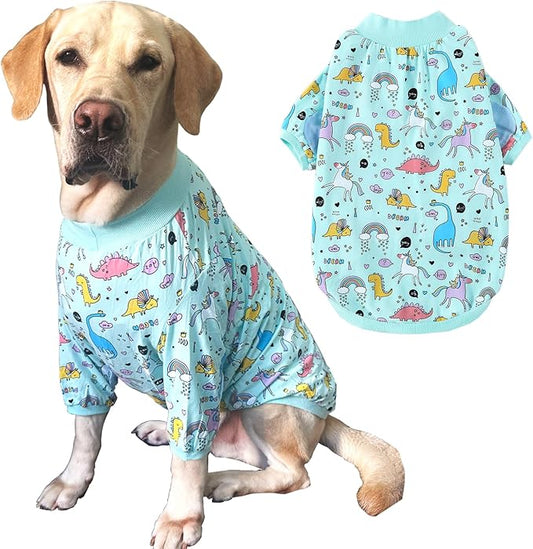 Dog T-Shirts - Dinosaur Unicorn Pattern, Rainbow, Unisex, Breathable Stretchy Cotton, Pajamas (X-XL)