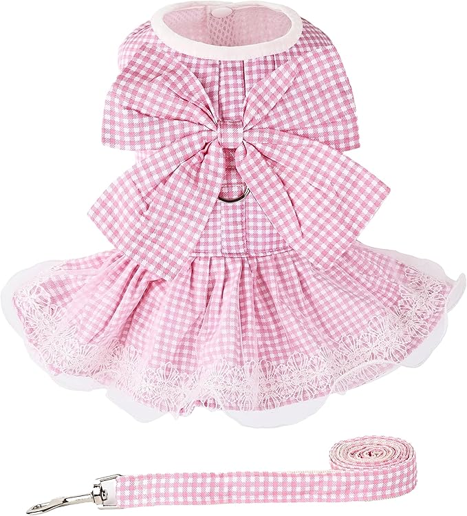 Dog Dress Plaid with Bowknot Cute Dress for Small Dog Cat Puppy Outfits with Harness Leash（ Pink，X-Large ）