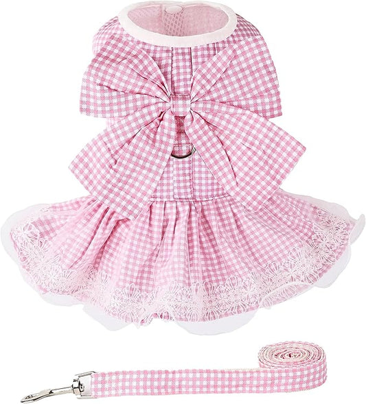 Dog Dress Plaid with Bowknot Cute Dress for Small Dog Cat Puppy Outfits with Harness Leash（ Pink，X-Large ）