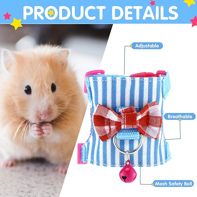 2 Pieces Hamster Harness and Leash Set for Walking, Small Guinea Pig Clothes with Bowknot Bell, No Pulling Comfort Padded Vest Striped for Guinea Pig Hamster Ferret, Small Animals (Blue, Black,S)