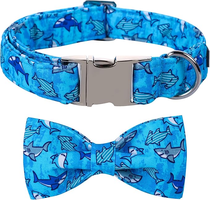 Maca Bates Shark Dog Collar with Breakaway Bow Tie Boetie Puppy Collar with Metal Buckle Cute Pink Adjustable Wide Soft for Small Medium Large Dogs for Girl Boy Pets