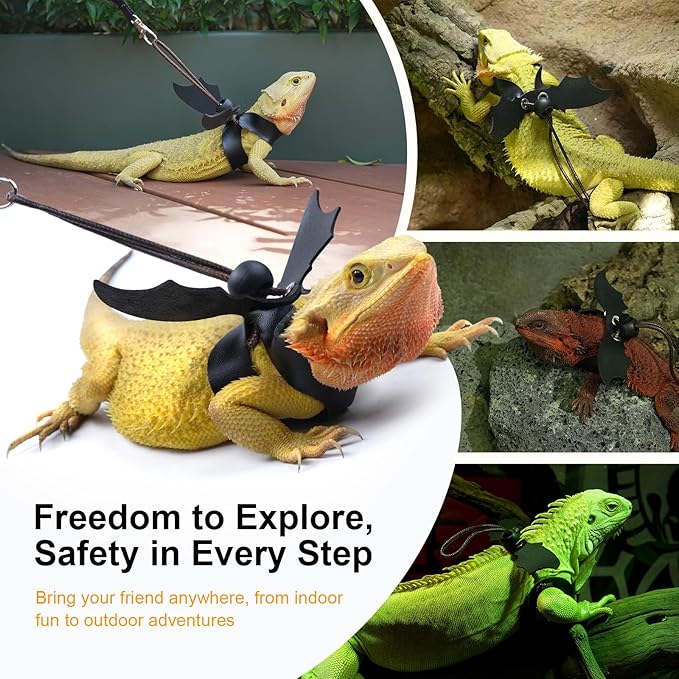 Bearded Dragon Harness and Leash Set, Adjustable Harness Soft Leather-3 Sizes (S, M, L) with Black Wing, Upgrade Lizard Reptile Leash for Bearded Dragon, Lizard, Iguana or Gecko