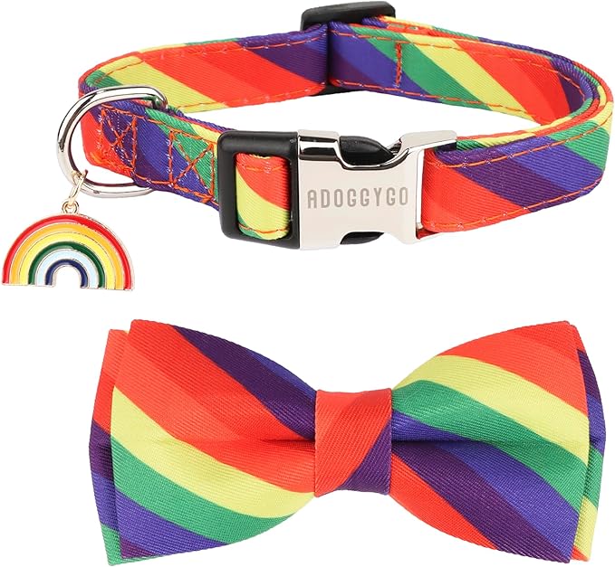 ADOGGYGO Rainbow Dog Collar with Bowtie, Adjustable Striped Pet Bow Collar, LGBT Pride Rainbow Collars for Small Medium Large Dogs Pets (Medium)