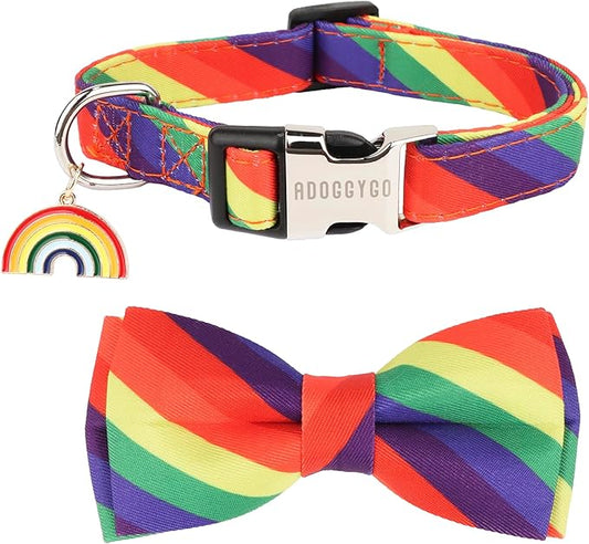 ADOGGYGO Rainbow Dog Collar with Bowtie, Adjustable Striped Pet Bow Collar, LGBT Pride Rainbow Collars for Small Medium Large Dogs Pets (Large)