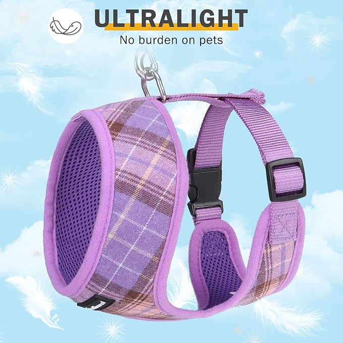 SCENEREAL Puppy Dog Harness with Leash Set for Small Medium Sized Dogs, Soft Mesh Step in Pet Harnesses and Leash, No Chock Plaid Adjustible No Pull Vest for Dogs Cats, Chihuahua,Bulldog (Purple XS)