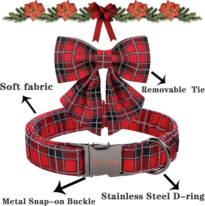 Unique style paws Christmas Dog Collar with Tie Red Black Grid Cotton Collar Adjustable Puppy Plaid Collar for Small Medium Large Dogs-XL