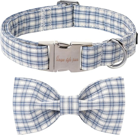 Unique style paws Cotton Dog Collar with Bow Spring Summer Collar with Blue White Grid for Small Medium Large Boys Girls Dogs