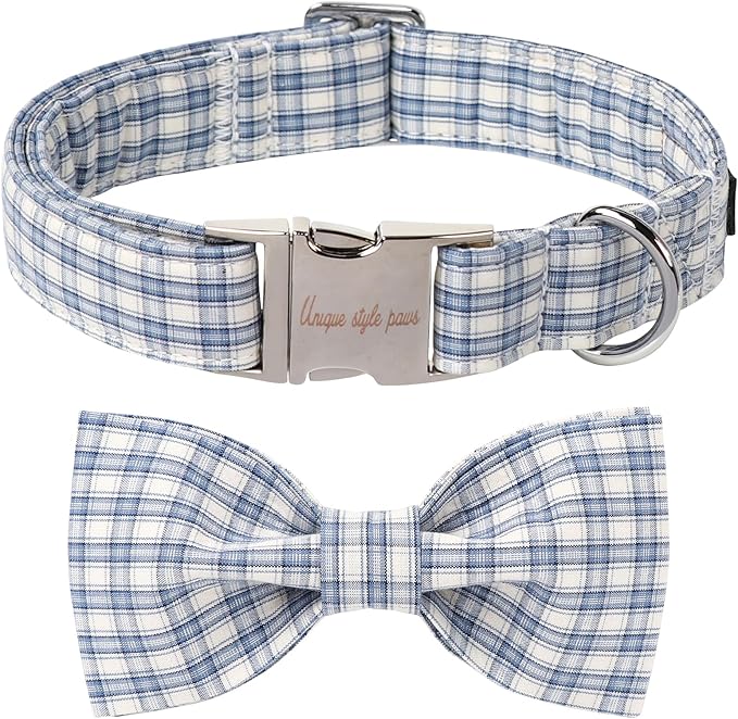 Unique style paws Cotton Dog Collar with Bow Spring Summer Collar with Blue White Grid for Small Medium Large Boys Girls Dogs