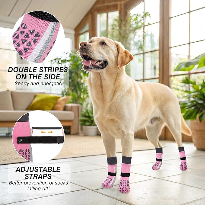 SCENEREAL Anti Slip Dog Socks for Hot Pavement to Prevent Licking Paws, Long Sporty Style Reflective Dog Grip Socks for Hardwood Floors, Dog Shoes Booties&Paw Protector for Large Senior Dog, Pink L