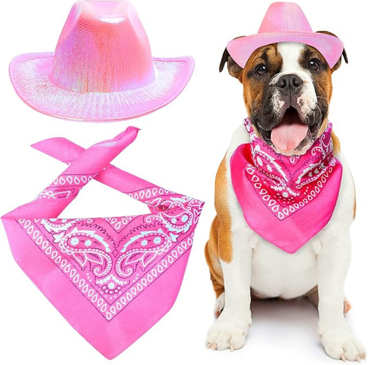 Yewong Pet Neon Sparkly Glitter Space Cowboy Hat Costume Set Dog Cat Metallic Space Shiny Cowboy Hats with Paisley Bandana West Cowboy Accessories for Pets (Metallic Pink) One Size