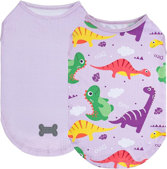 KYEESE 2 Pack Dog Shirts for Small Dogs Breathable Soft Tank Top Sleeveless Vest Puppy Dog Apparel Great for Summer Sun Protection Dinosaur Pattern, X-Large, Dinosaur+Purple