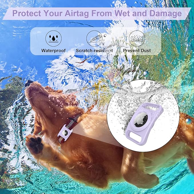 SANKALA Airtag Dog Collar Holder, [2 Pack] Waterproof Dog Airtag Holder, Silicone Full Body Covered Anti-Lost Protective Apple Air Tag Holder for Pet Collar - Fits All Width Collars, Purple