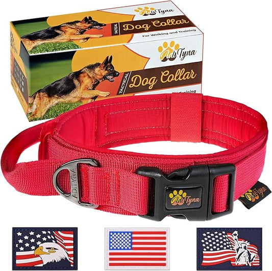 ADITYNA Heavy-Duty Tactical Dog Collar with Handle - Perfect Red Dog Collar for Training, Walking, or Hunting (Large: Fit 18.5-22" Neck, Red)