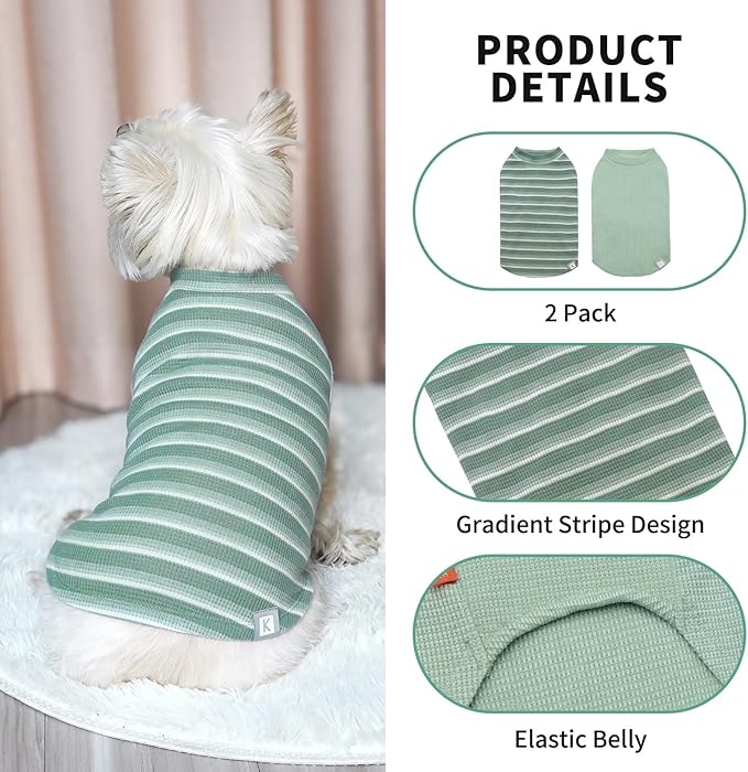 KYEESE 2Pack Waffle Dog Shirts for Small Dogs Stretchy T-Shirts Lightweight Tank Top Sleeveless Striped Vest Breathable Cat Tee, Medium, Green+Striped