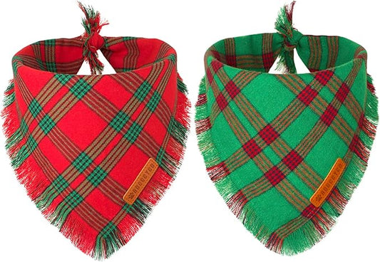 ADOGGYGO Christmas Dog Bandanas with Tassels, Red Green Plaid Pet Xmas Scarf Bib, Multiple Sizes, Christmas Bandana for Small Dogs Puppies (Small)