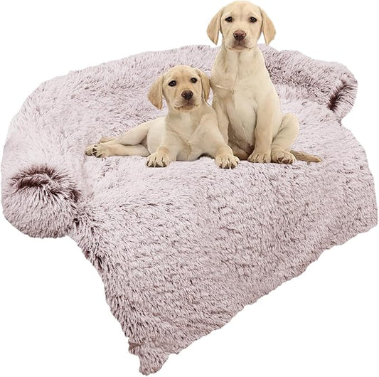 Calming Dog Bed Fluffy Plush Dog Mat for Furniture Protector with Removable Washable Cover for Large Medium Small Dogs and Cats (Medium, Rust White)