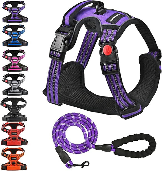 No Pull Dog Harness, Adjustable Soft Padded Dog Vest, Reflective No-Choke Pet Oxford Vest with Easy Control Handle for Small and Large Dogs (Purple, X-Large)