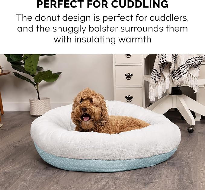 Furhaven 23" Round Donut Dog Bed for Indoor Cats & Small Dogs, Washable, For Dogs Up to 20 lbs - Plush & Diamond Print Donut Bed - Aqua, Small